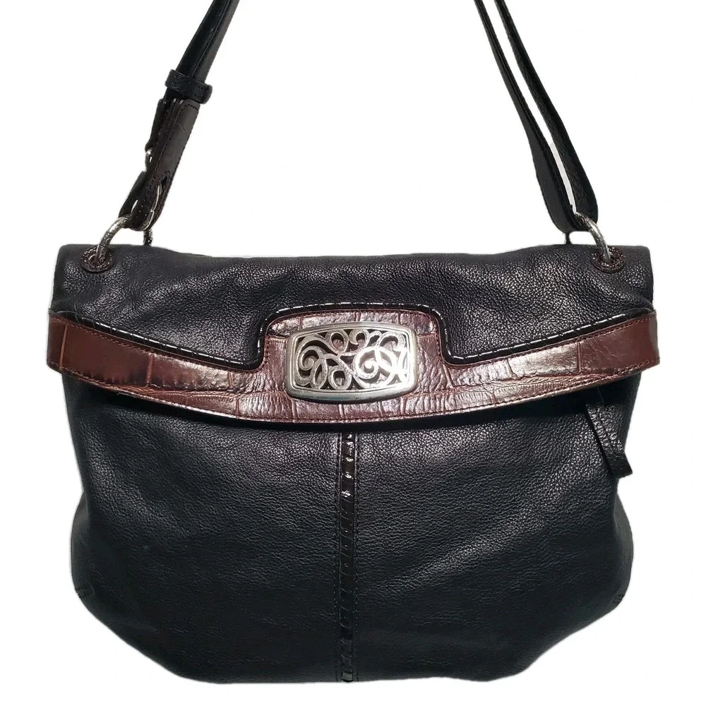 VTG Brighton Black Leather Brown Croc Embossed Flap Crossbody Shoulder Bag Purse